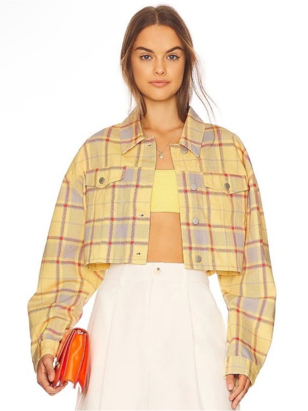 WeWoreWhat Revolve Cropped Yellow Plaid Denim Jean Jacket Blazer Coat Top NWT